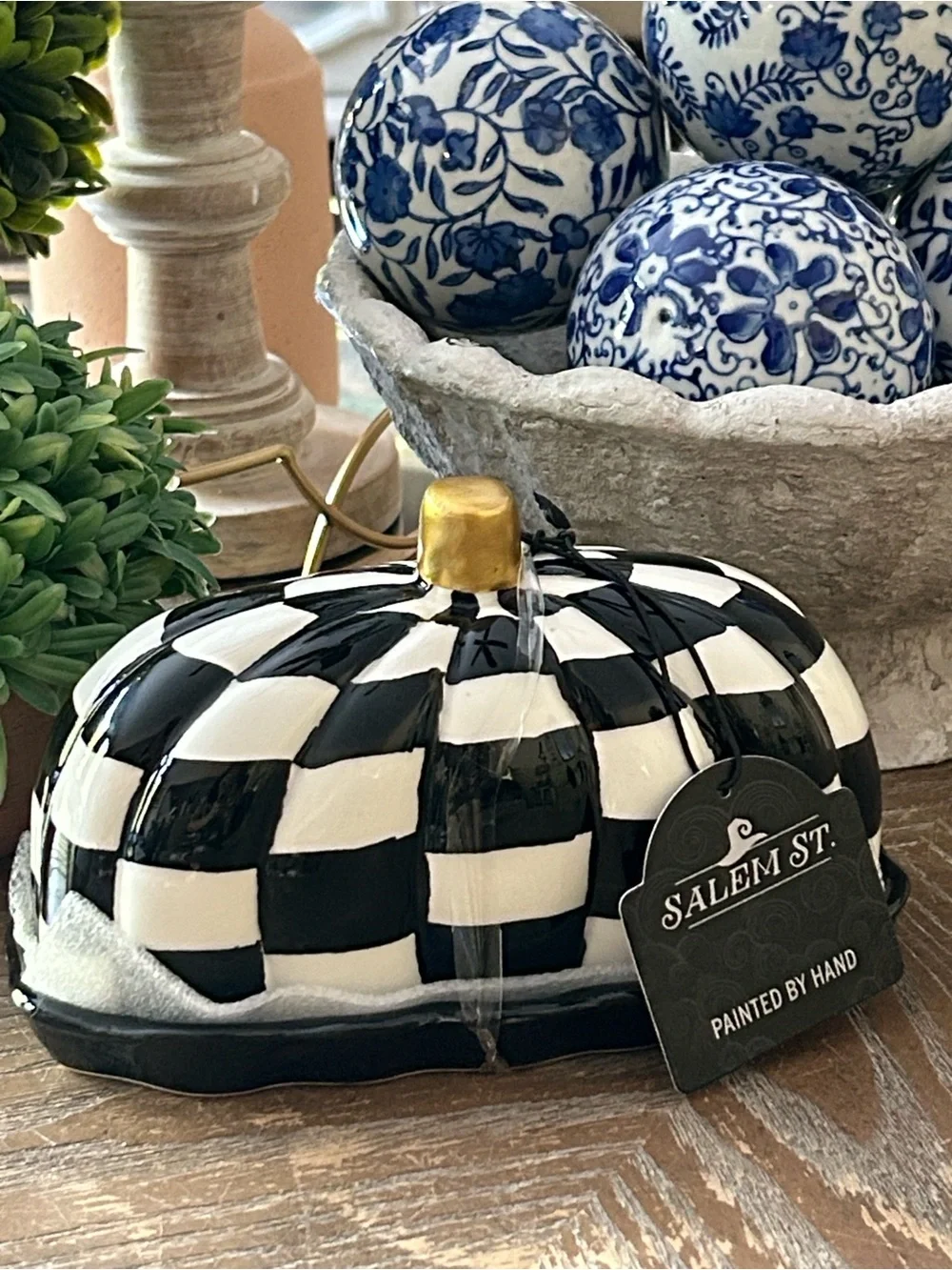 NEW! Mackenzie Childs Inspired Black & White Striped Ceramic Pumpkin Canister